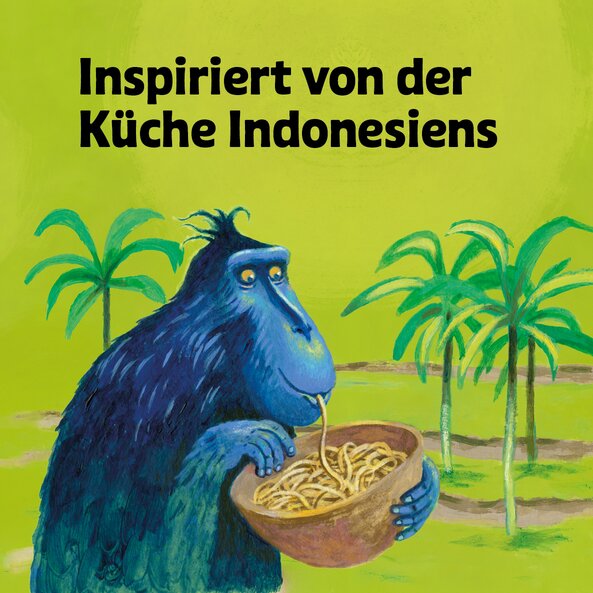 Illustration of a blue monkey eating noodles from a key, on a light green background with the words: ‘Inspired by Indonesian cuisine’.