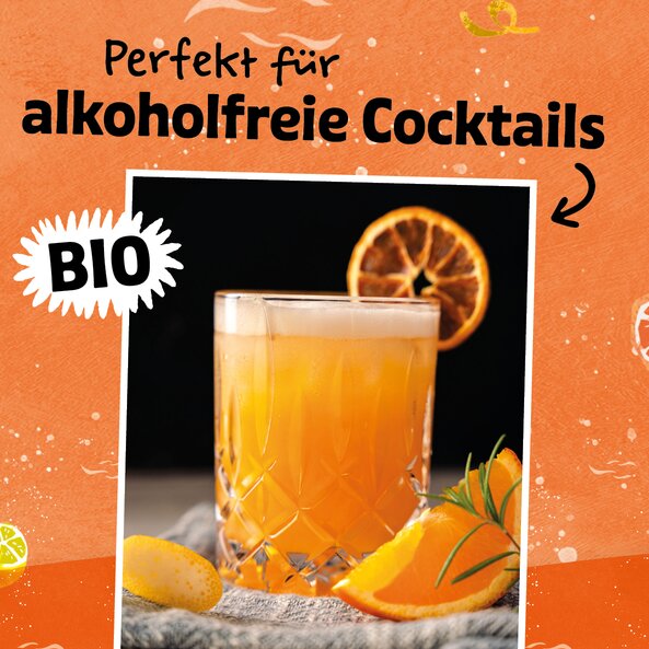 Illustration eines Glases Orange Bitter Sirup von SONNENTOR mit dem Text: "Perfekt für alkoholfreie Cocktails".