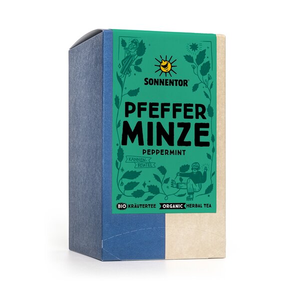 Pfefferminze Tee im Kannebeutel - Verpackung mit kleinen Illustrationen der Pfefferminze