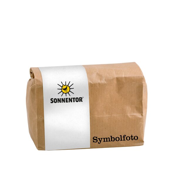 Foto einer braunen Großpackung Senfkörnern schwarz.